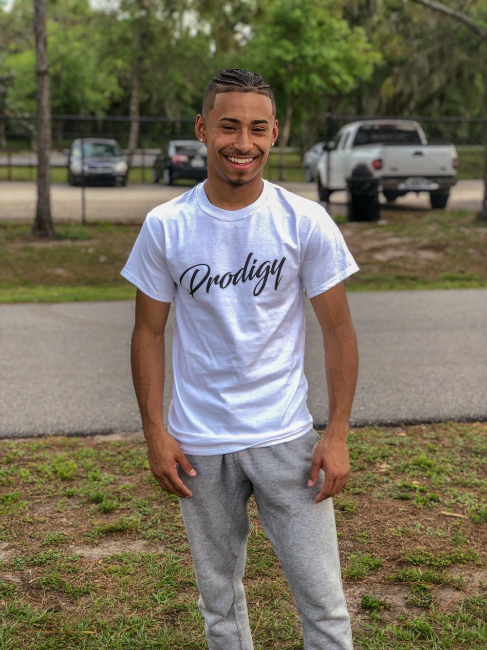 New Prodigy White Script T shirt with black ink
