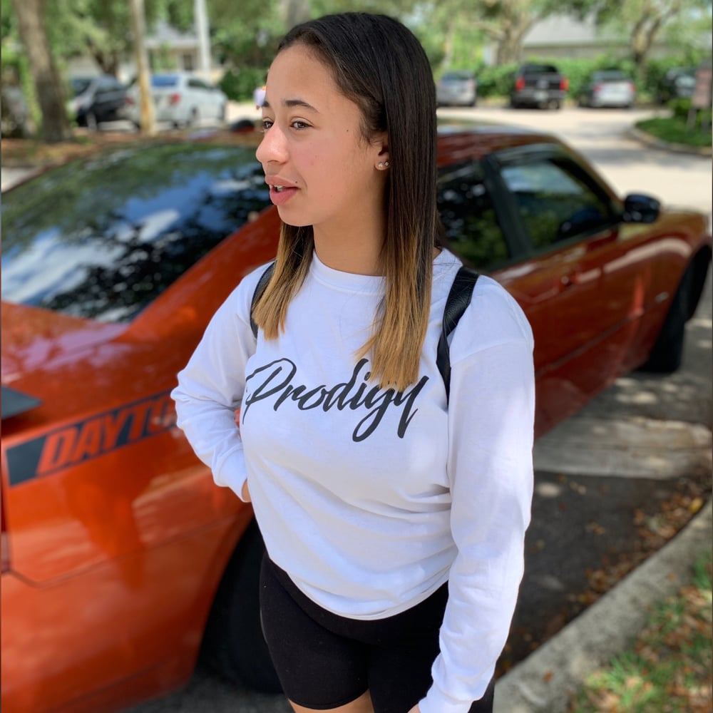 New Prodigy Script White L/S shirt with black ink