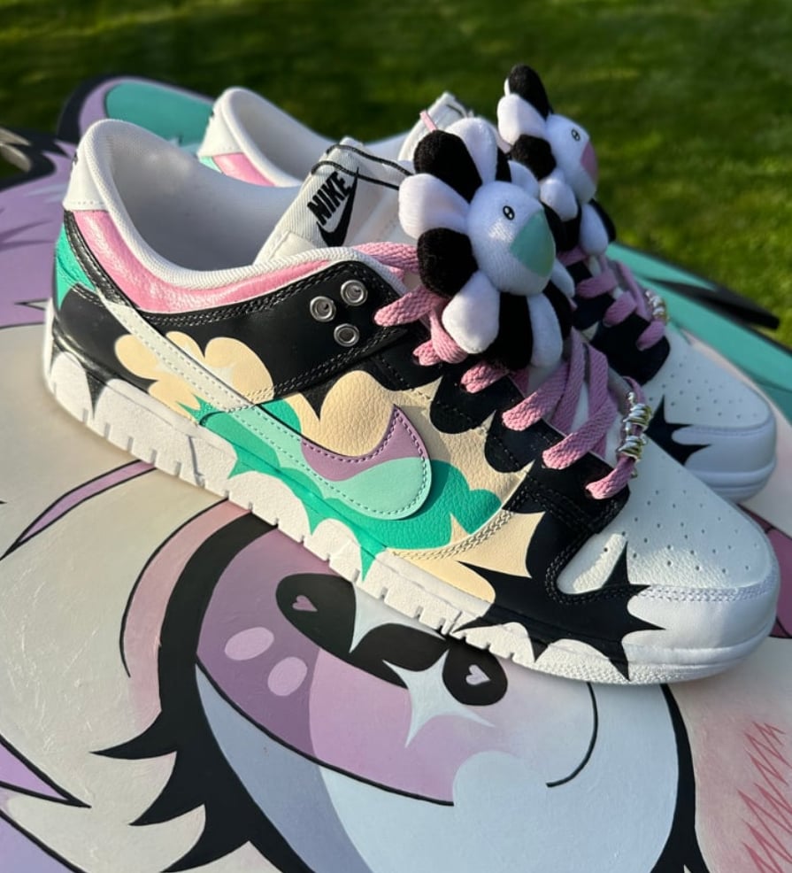 Image of Pink Acid Handpanited Nike Dunk w/ Custom Murakami Flower. 1 of 1. Made by @tylr.iii