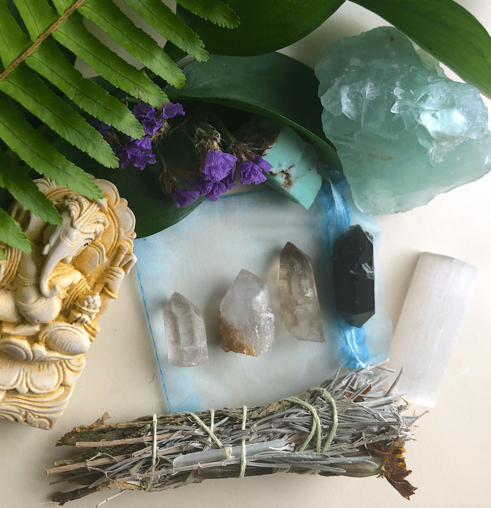 Image of Natural Quartz Points, Selenite + Handmade Smudge Stick Bundle