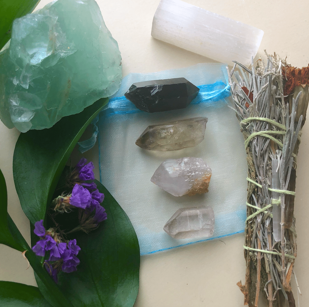 Image of Natural Quartz Points, Selenite + Handmade Smudge Stick Bundle