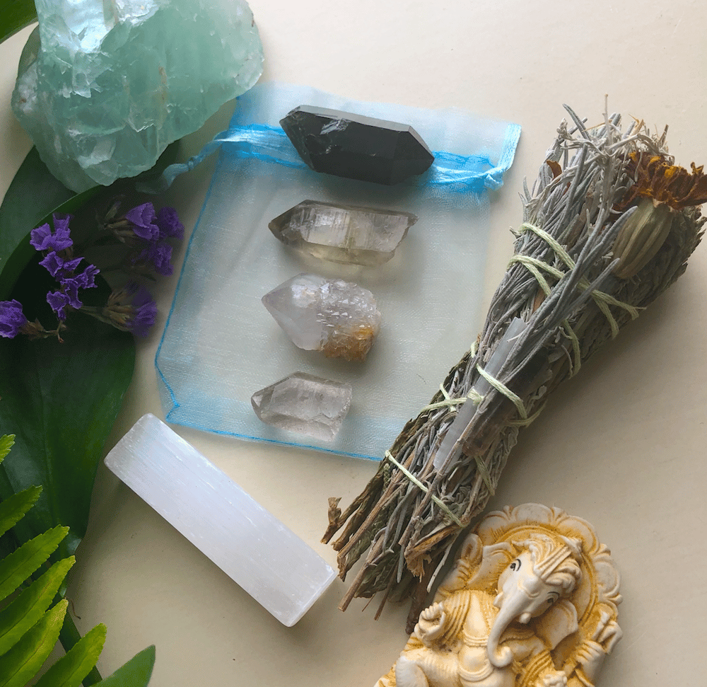 Image of Natural Quartz Points, Selenite + Handmade Smudge Stick Bundle
