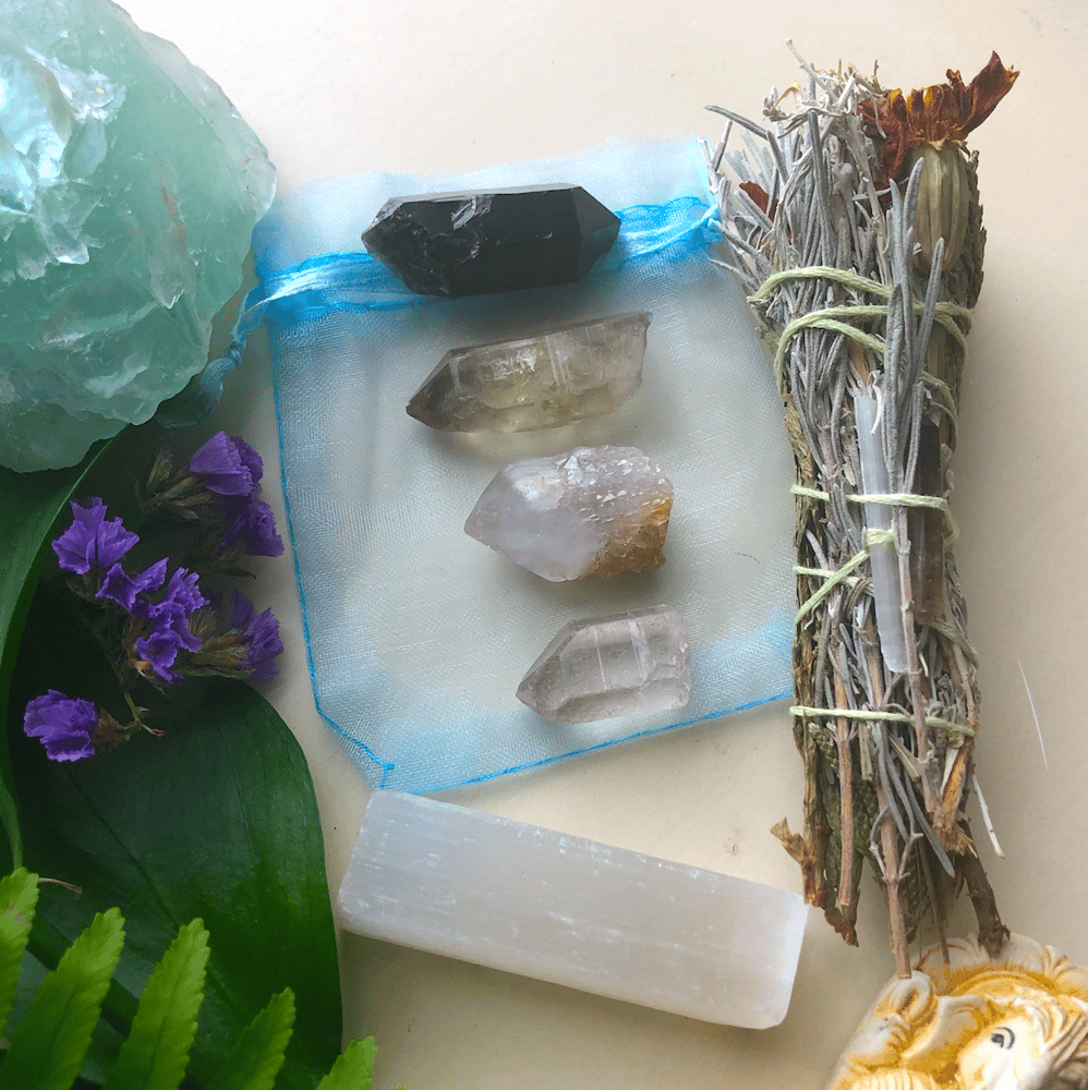 Image of Natural Quartz Points, Selenite + Handmade Smudge Stick Bundle