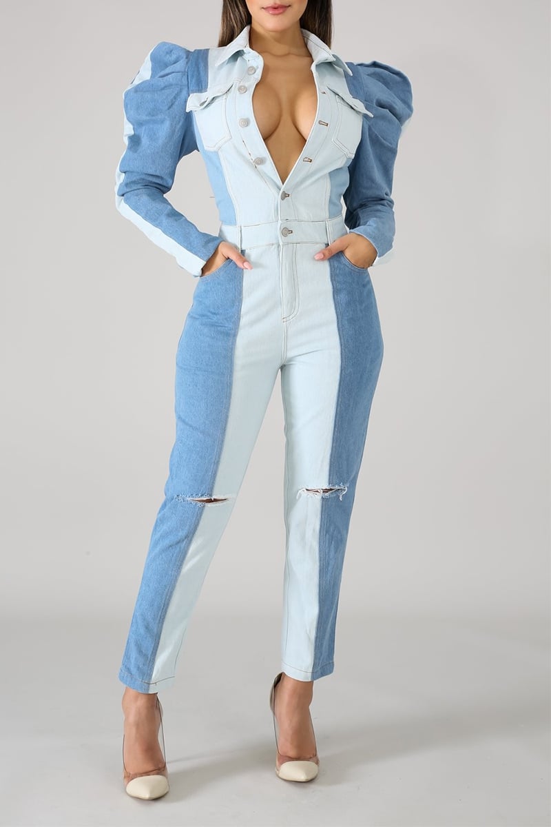 denim puff sleeve jumpsuit