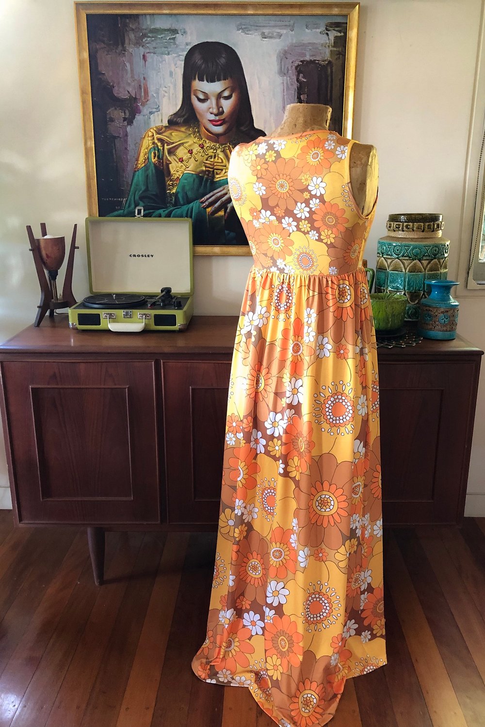 Baby doll maxi dress in Pushing daisies Orange and brown print
