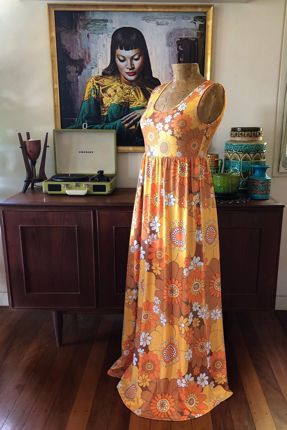 Baby doll maxi dress in Pushing daisies Orange and brown print 