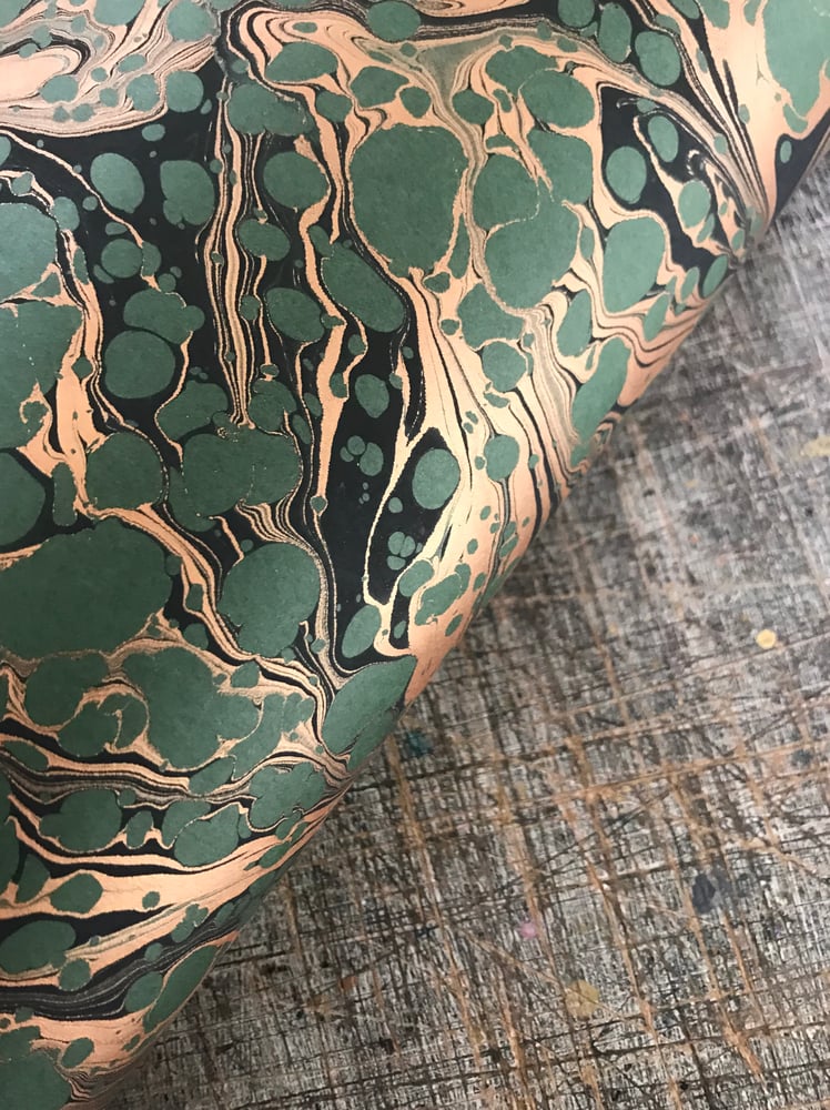 Image of Marbled paper #87 'Copper & Black Vein on Green' 
