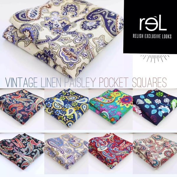 Image of Vintage Linen Paisley Pocket Squares