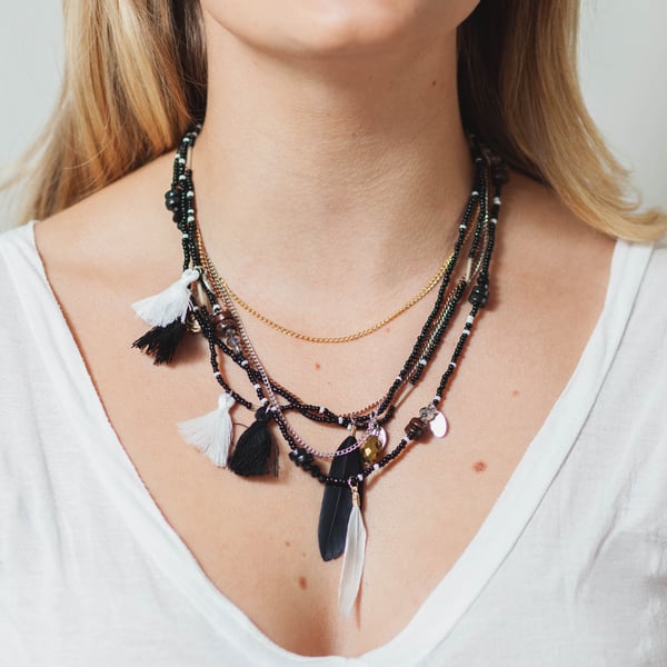 Image of B+W BEADED FEATHER NECKLACE