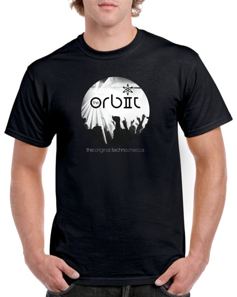 Image of Orbit T shirt, black with black & white logo, Quality Heavy Cotton.
