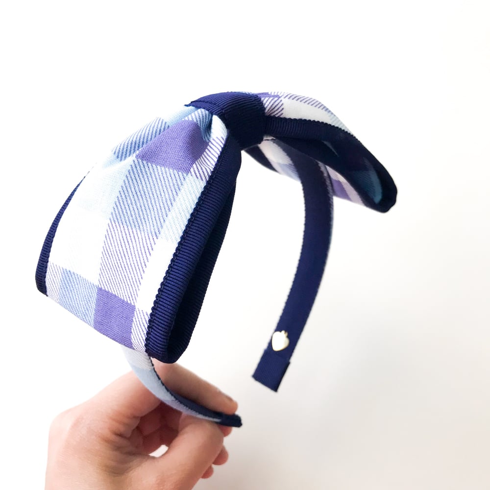 Image of NAVY TRIM CHECKED BOW HEADBAND 