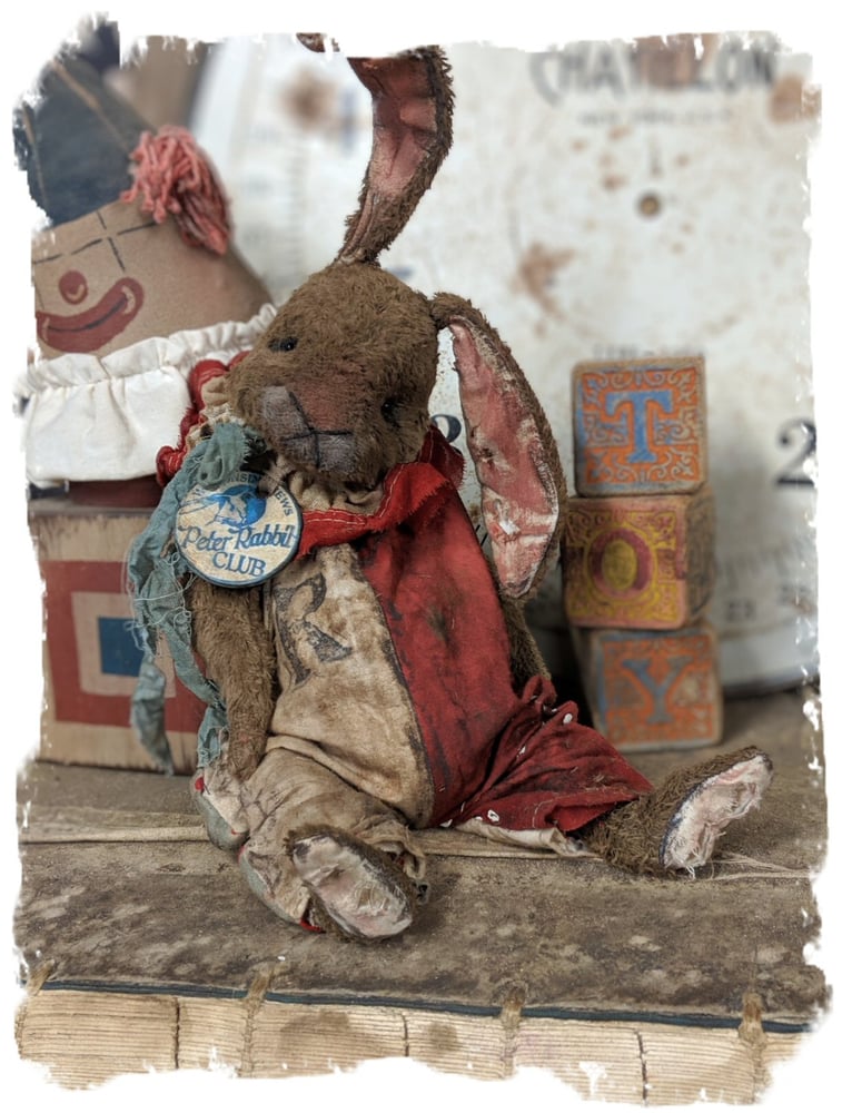 Image of Old Frumpy Worn Carnival Rabbit in romper by Whendi's Bears