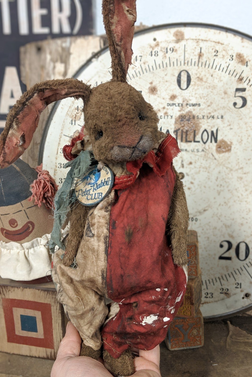 Old Frumpy Worn Carnival Rabbit in romper by Whendi's Bears