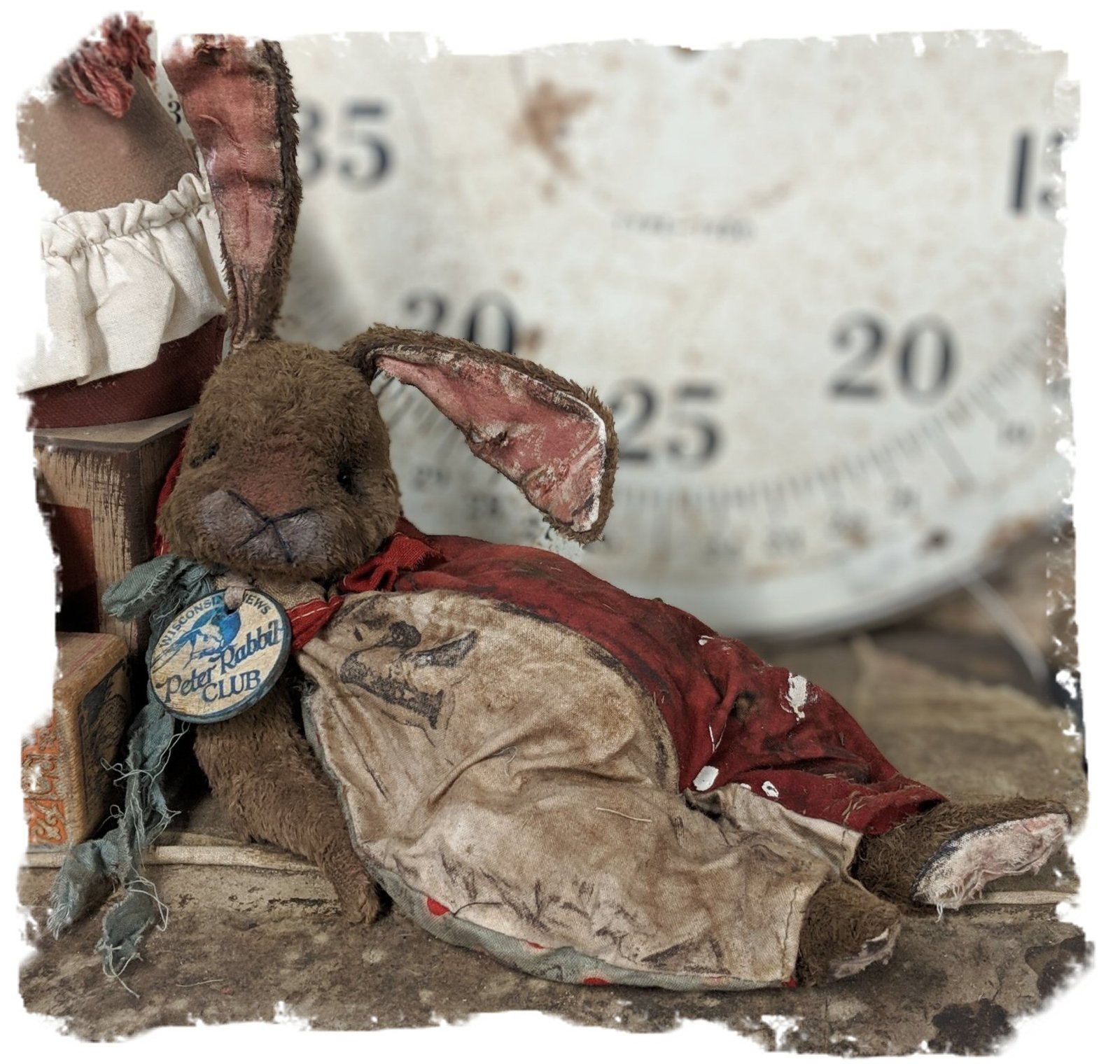 Old Frumpy Worn Carnival Rabbit in romper by Whendi's Bears
