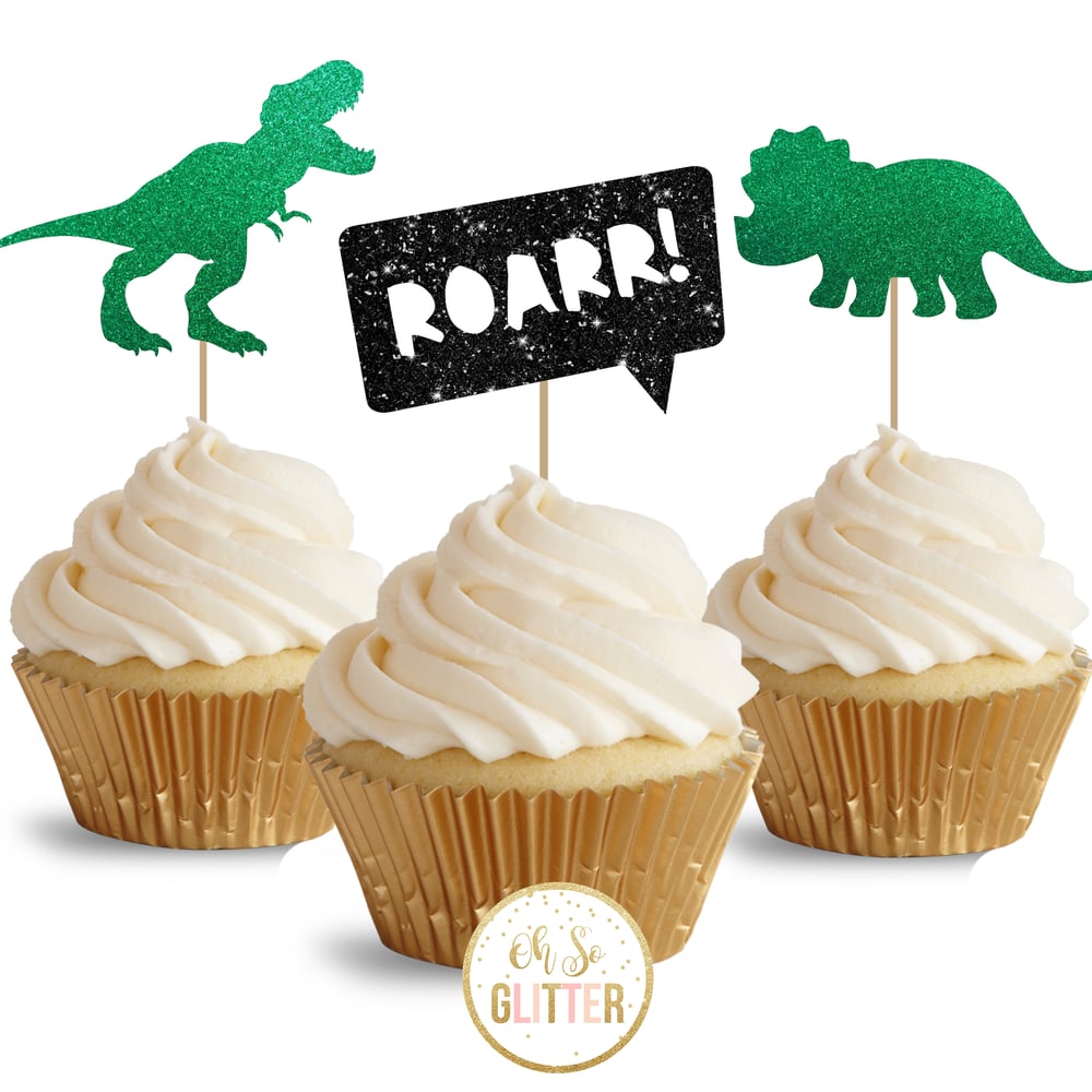 Image of Dinosaur glitter cupcake toppers - pack of 12