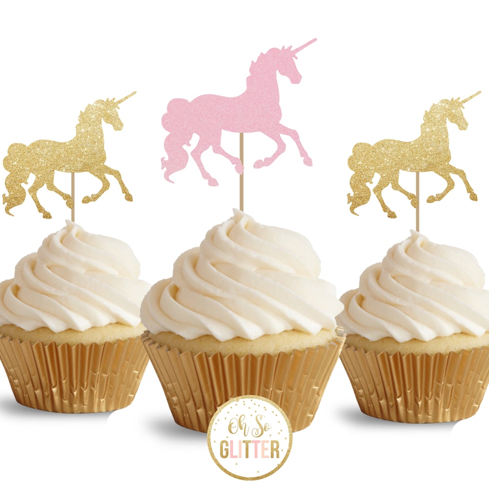Image of Unicorn glitter cupcake toppers - pack of 12