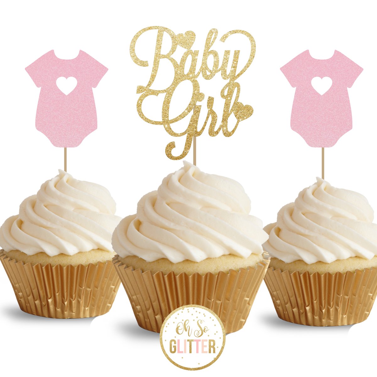 Baby Girl glitter cupcake toppers pack of 12 Oh So Glitter