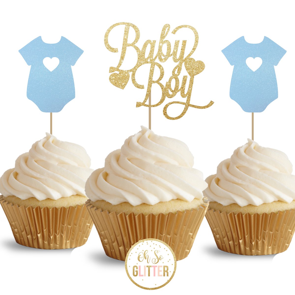 Baby Boy glitter cupcake toppers pack of 12 Oh So Glitter