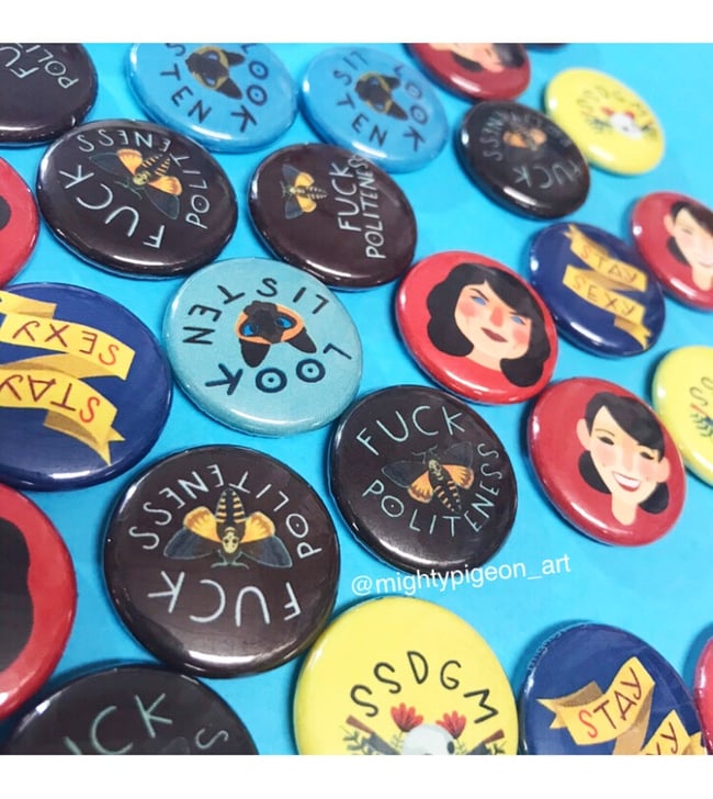 You need some pins. Call your dad. (set of 6 1" butons/pins/badges)