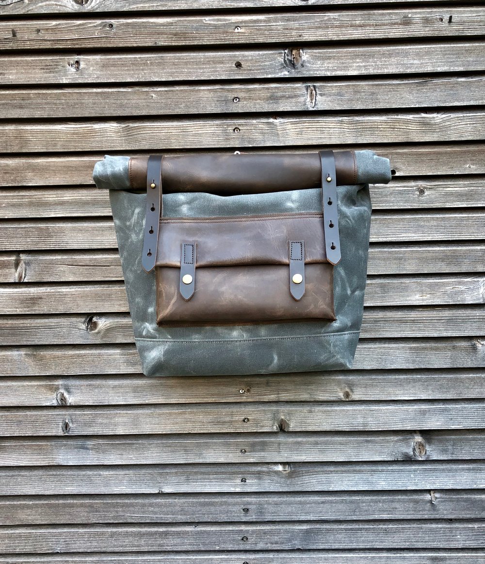 Image of Waxed canvas leather Motorbike bag Motorcycle bag Bicycle bag in waxed canvas and leather