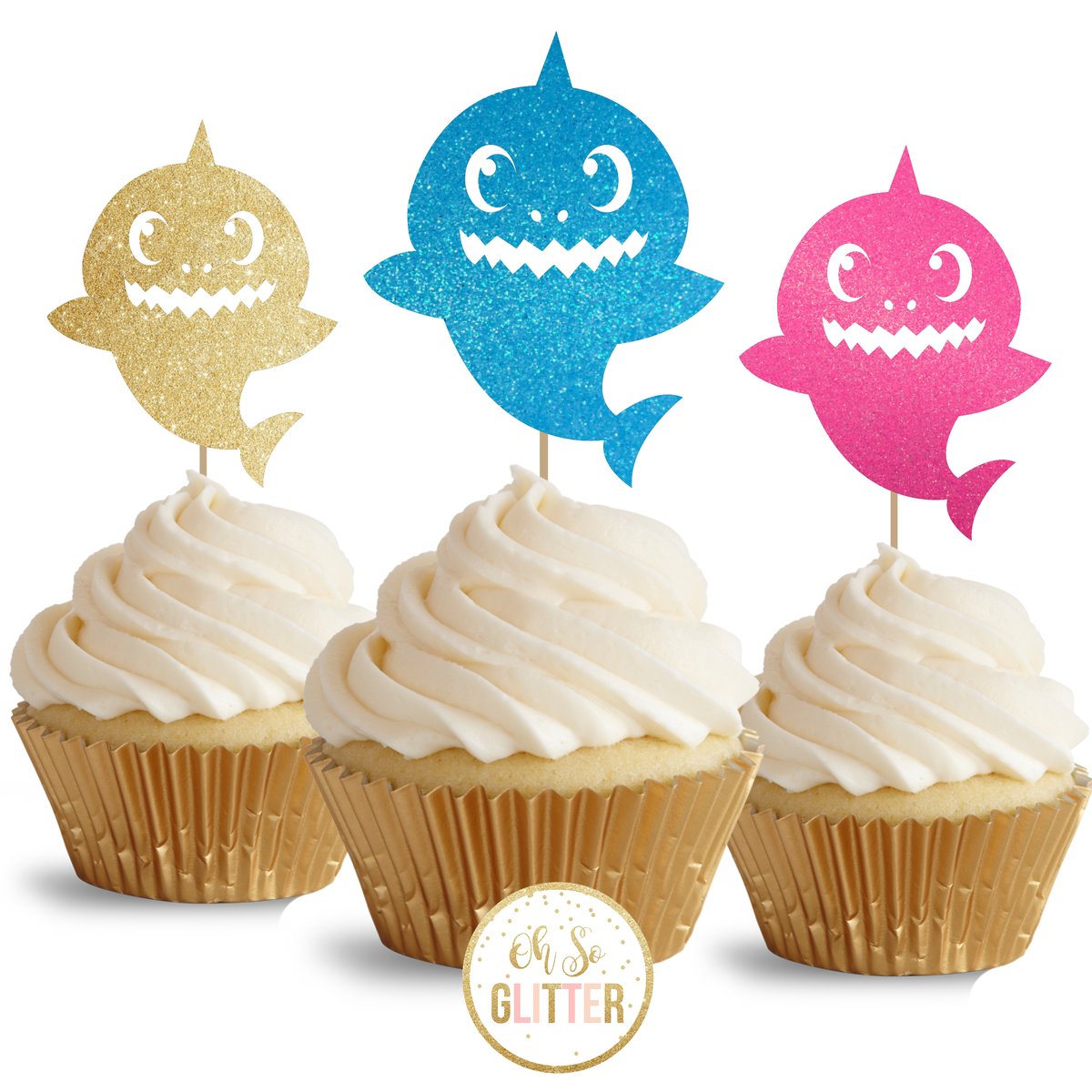 Baby Shark - glitter cupcake toppers = pack of 12 | Oh So Glitter