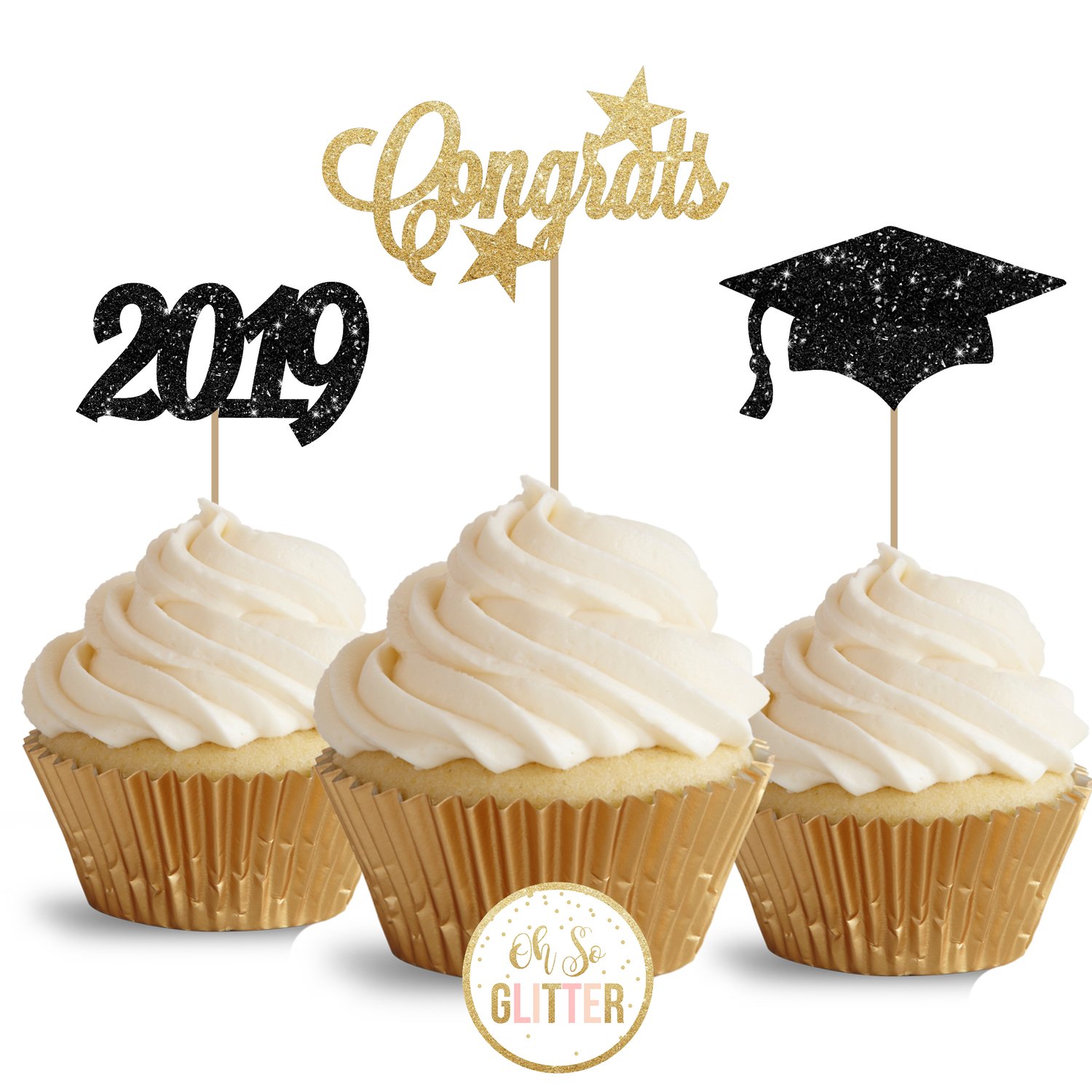 Image of Graduation Glitter Cupcake Toppers - pack of 12