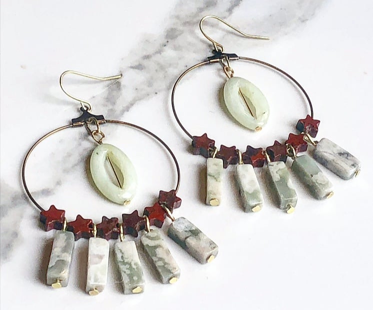 Image of red jasper + aventurine + tree agate tassels + brass hoops