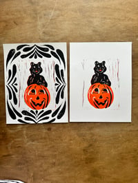 halloween linocut reduction print - black cat