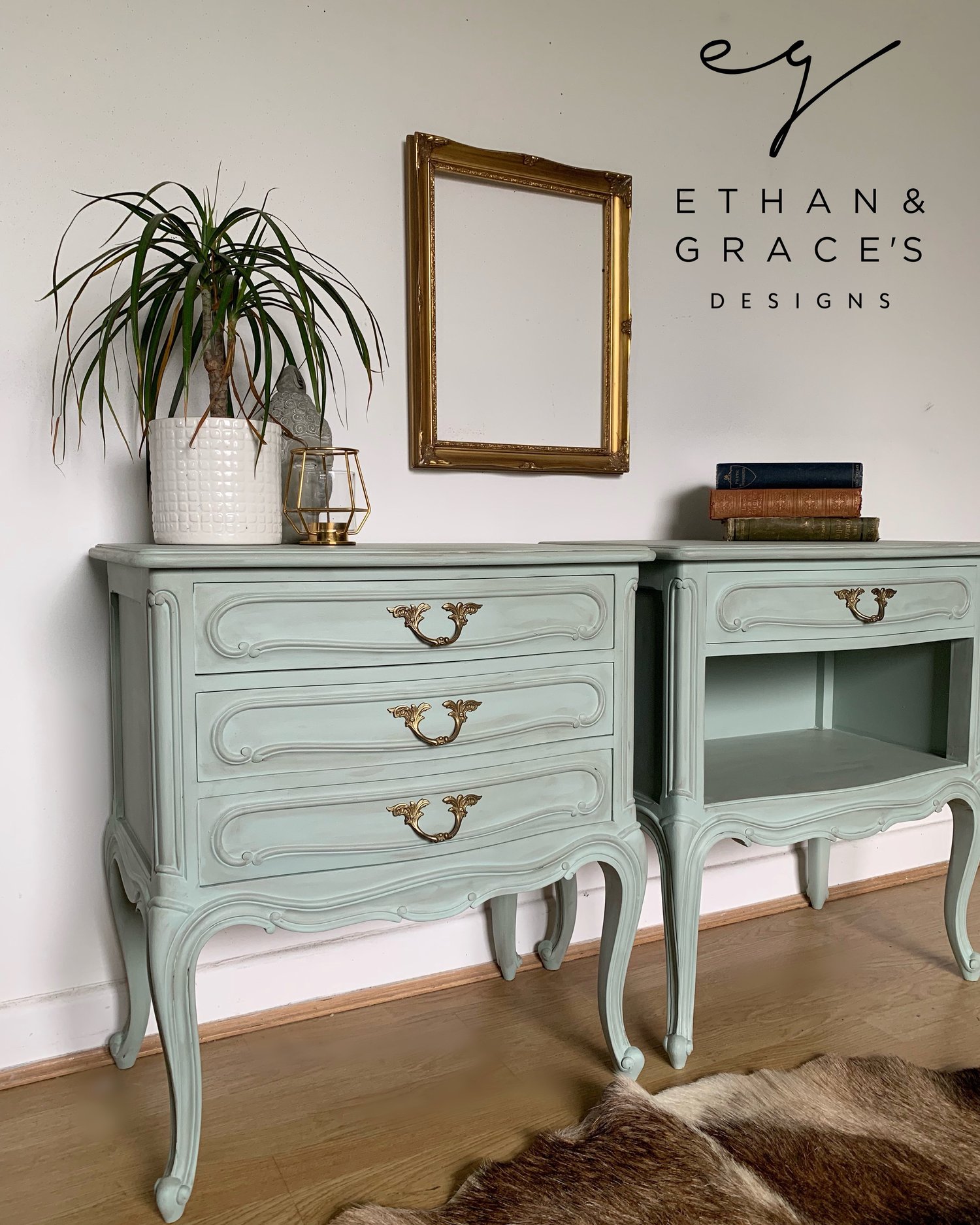 Image of French wooden bedside tables in a pale green with dark wax