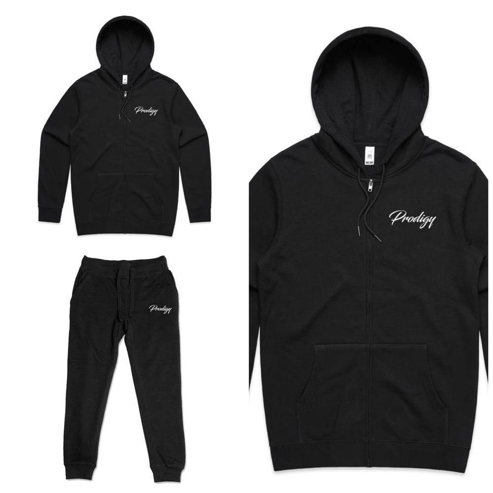 NEW BRAND PRODIGY BLACK FULL SCRIPT EMBROIDERED JOGGER SUIT