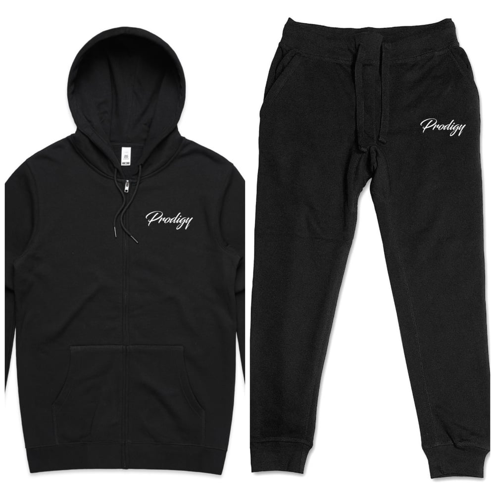 NEW BRAND PRODIGY BLACK FULL SCRIPT EMBROIDERED JOGGER SUIT