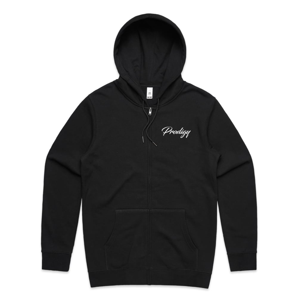 NEW BRAND PRODIGY BLACK ZIP UP HOODIE FULL SCRIPT EMBROIDERED