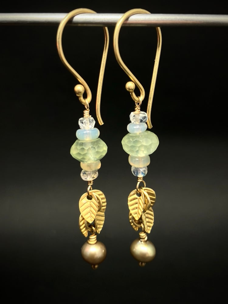 Vermeil Moonstone Prehnite Leaf Earrings