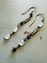 Image 5 of asymmetrical iolite and rainbow moonstone dangle earrings