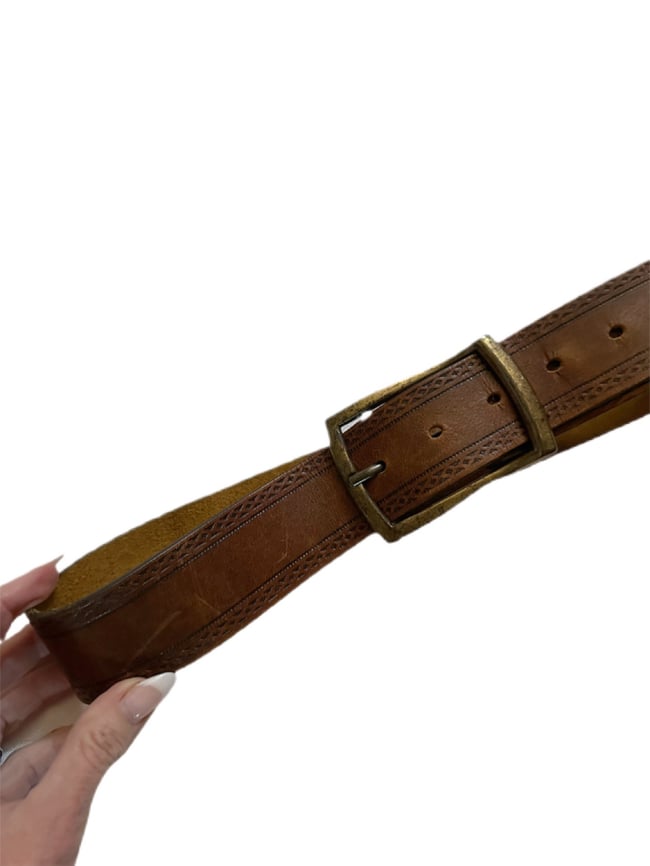 70s tooled leather abstract buckle belt 