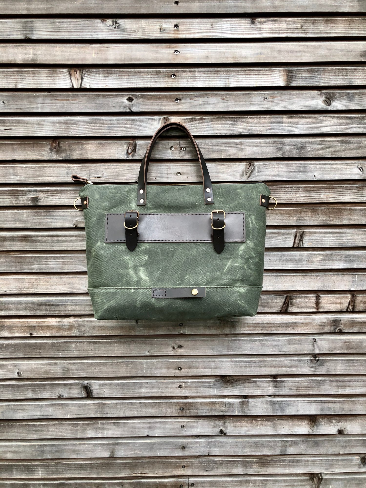 Image of Waxed canvas bicycle bag with zipper closure / tote bag / bike accessories
