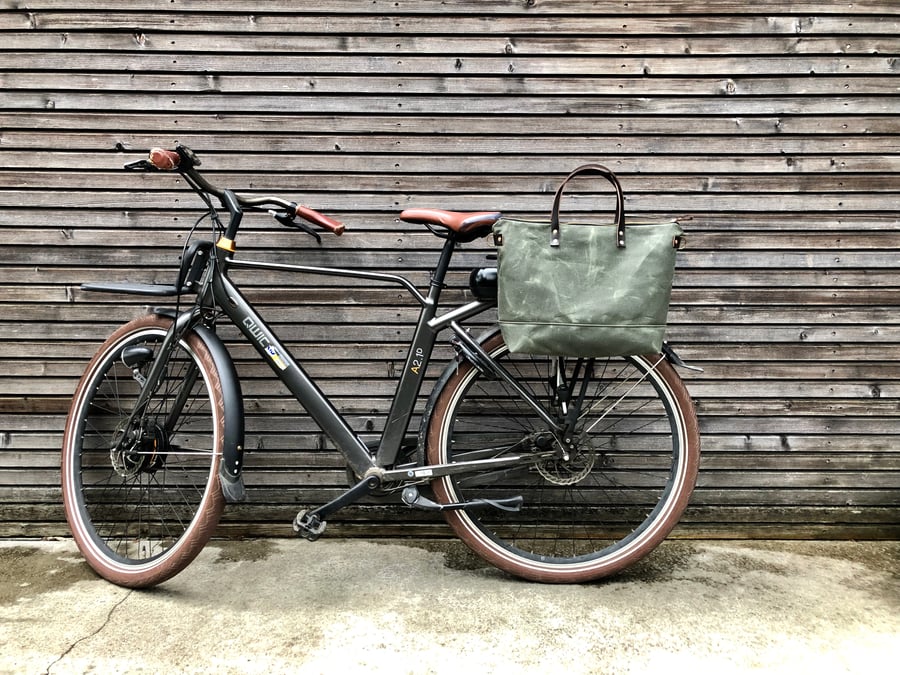 Image of Waxed canvas bicycle bag with zipper closure / tote bag / bike accessories