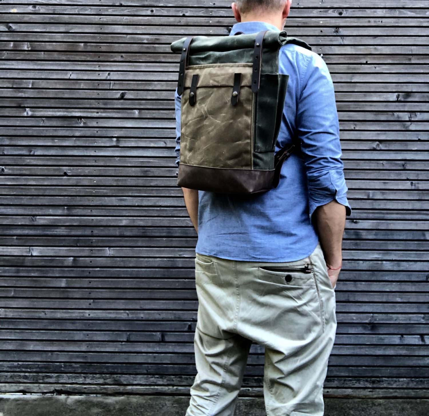 Image of Waxed canvas leather Backpack medium size / Commuter backpack / Hipster Backpack with roll up top an
