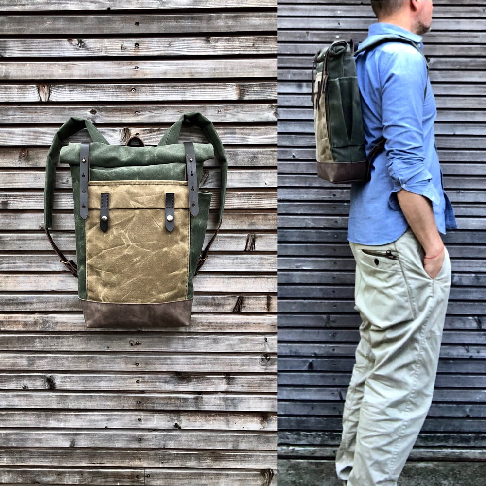 Image of Waxed canvas leather Backpack medium size / Commuter backpack / Hipster Backpack with roll up top an