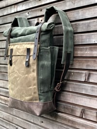 Image 2 of Waxed canvas leather Backpack medium size / Commuter backpack / Hipster Backpack with roll up top an