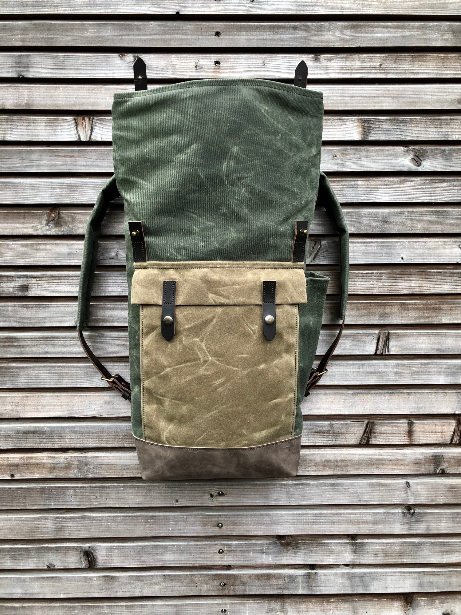 Image of Waxed canvas leather Backpack medium size / Commuter backpack / Hipster Backpack with roll up top an