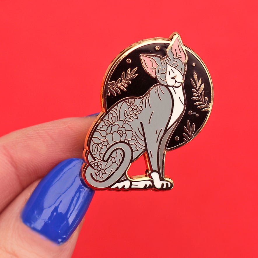 Image of Standing floral sphynx cat, enamel pin - floral pin - sphynx cat - hairless cat - lapel pin badge