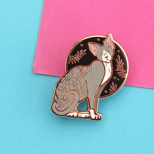 Image of Standing floral sphynx cat, enamel pin - floral pin - sphynx cat - hairless cat - lapel pin badge