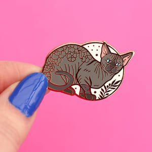 Image of Bambino sphynx cat, enamel pin - floral pin - sphynx cat - hairless cat - lapel pin badge