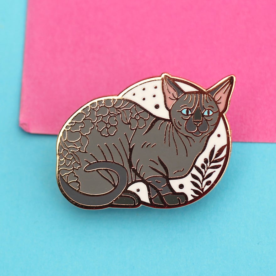 Image of Bambino sphynx cat, enamel pin - floral pin - sphynx cat - hairless cat - lapel pin badge