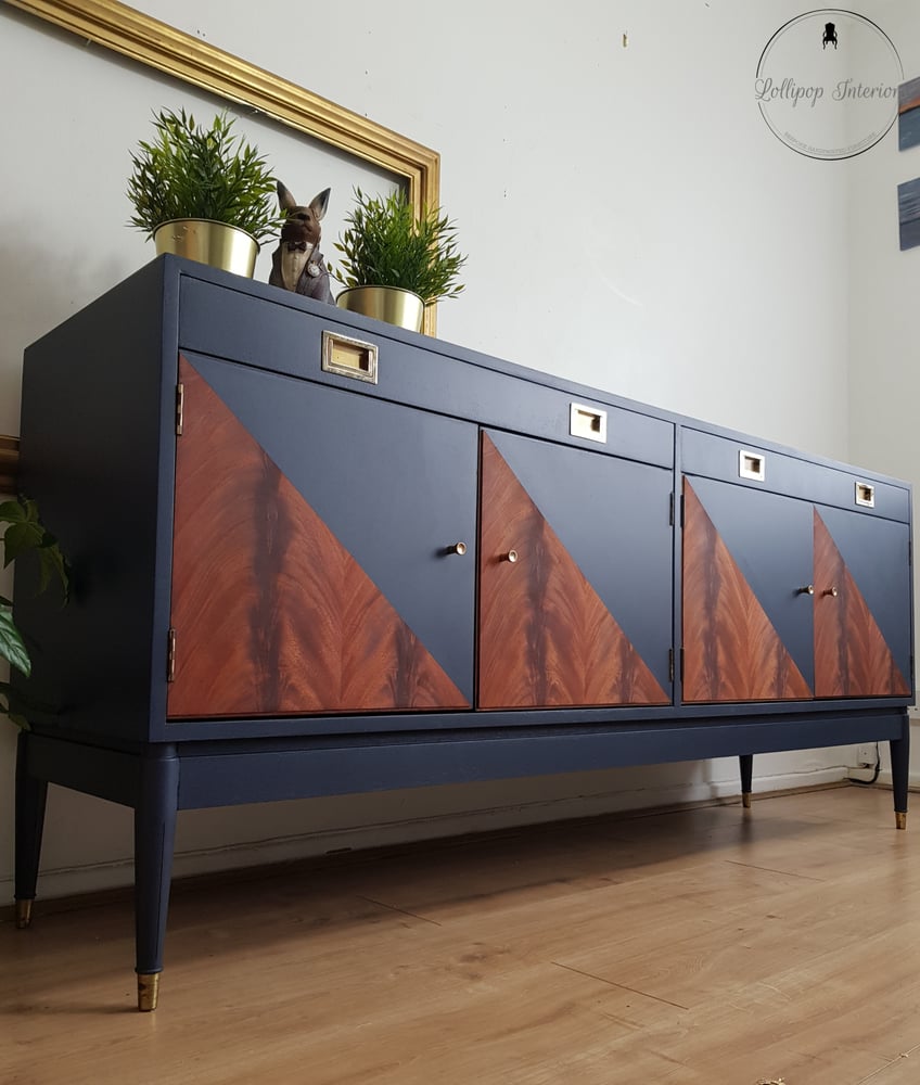 Image of Navy blue mid century sideboard with geometric design