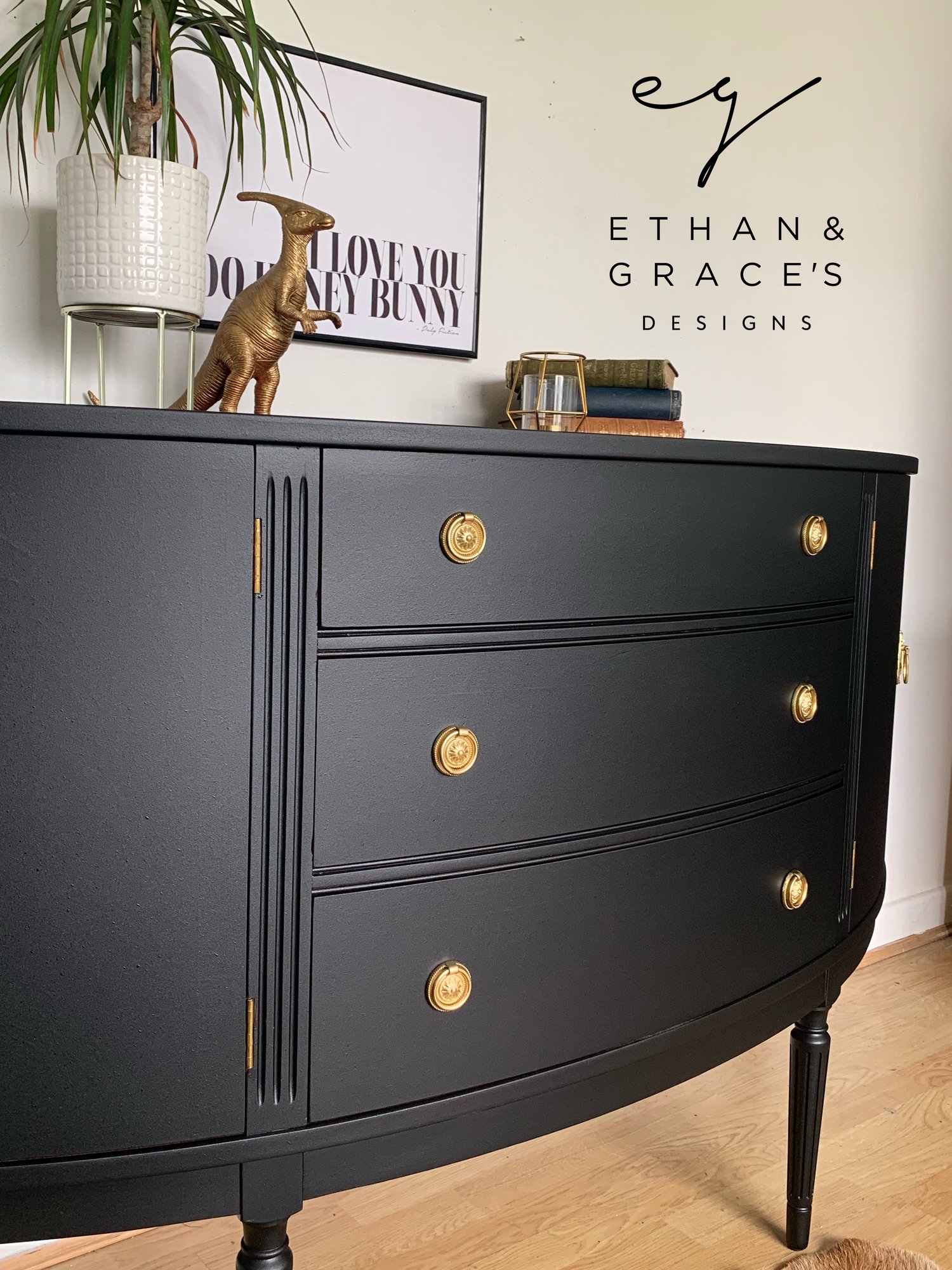 Image of Bow fronted black & gold mahogany sideboard