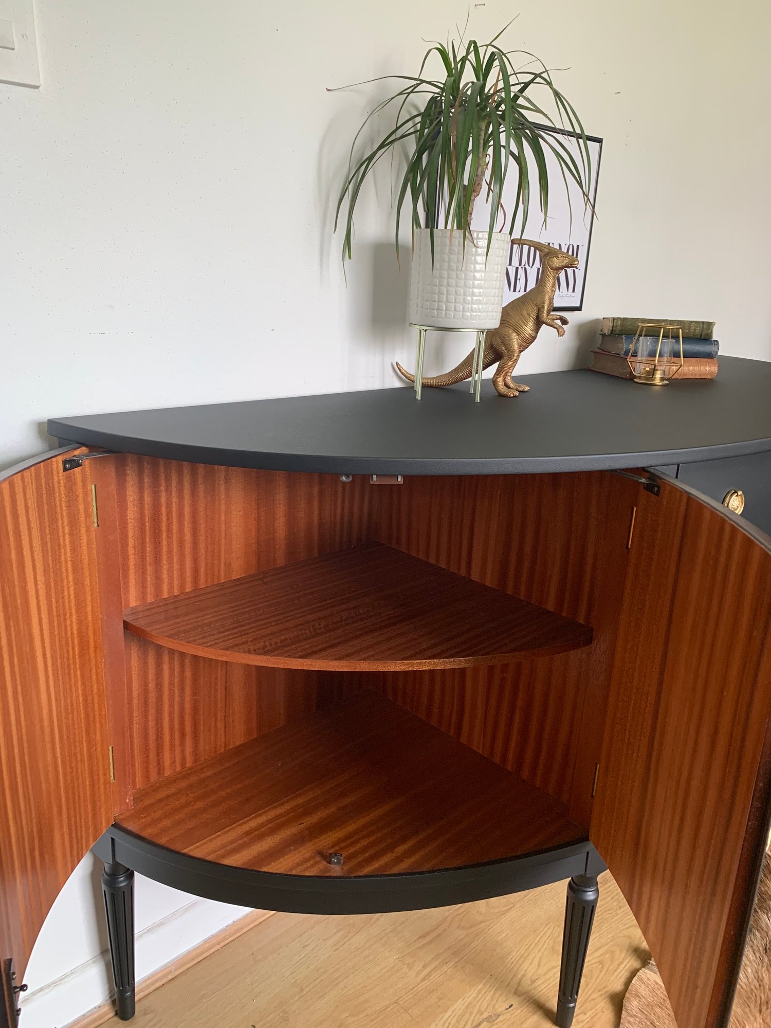 Image of Bow fronted black & gold mahogany sideboard