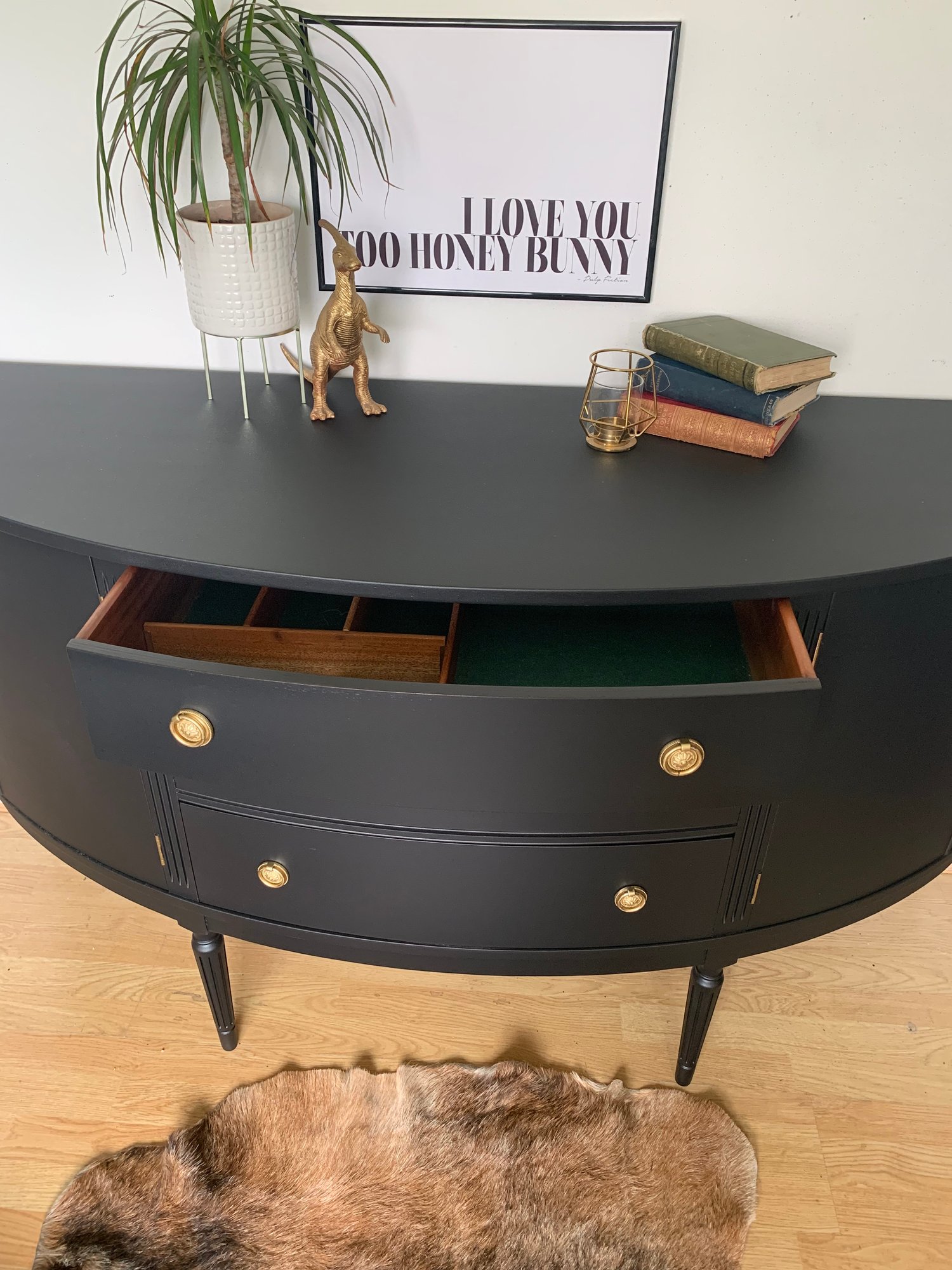 Image of Bow fronted black & gold mahogany sideboard