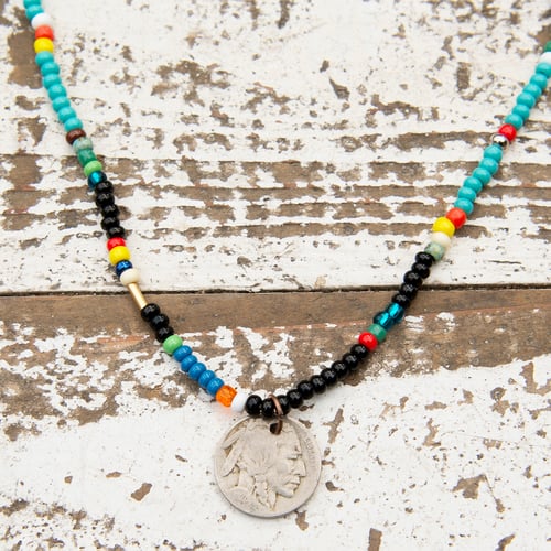 Image of Coloured glass bead necklace and navajo pendant